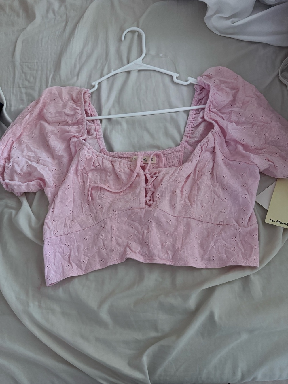 Pink Puff Sleeve Eyelet Crop Top
